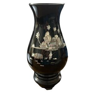 Asian Laquer Vase Mother Of Pearl Inlay Ox Palm Tees  9 In